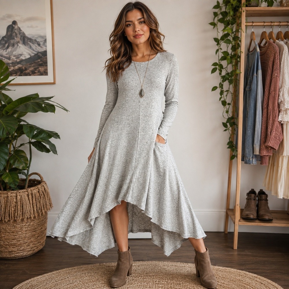 Agnes & Dora Grey Heather Knit High Low Long Sleeve Dress XL+ Made in USA